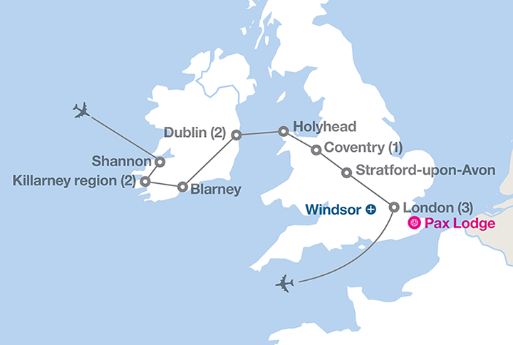 mapped route of girl travel to England, Ireland & Wales
