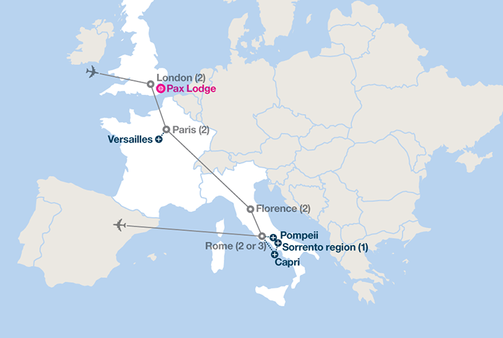mapped route of Girl Scout trip to London, Paris, Florence & Rome